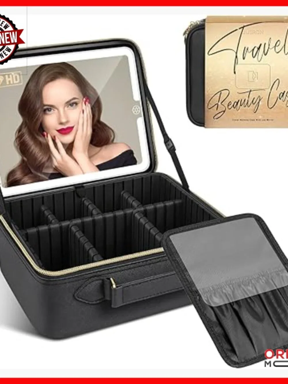 Large Travel Makeup Bag with LED Mirror, Adjustable Dividers, Waterproof PU
